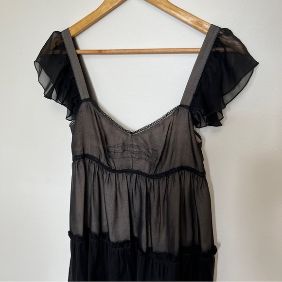 Dolce & Gabbana Vintage Babydoll Chiffon Blouse Black & Tan with Fringe Small - Picture 3 of 9
